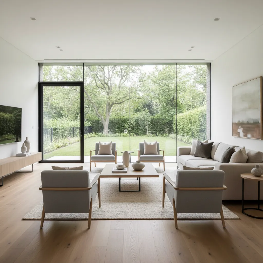 Bright walkout basement living room with natural light and glass doors
