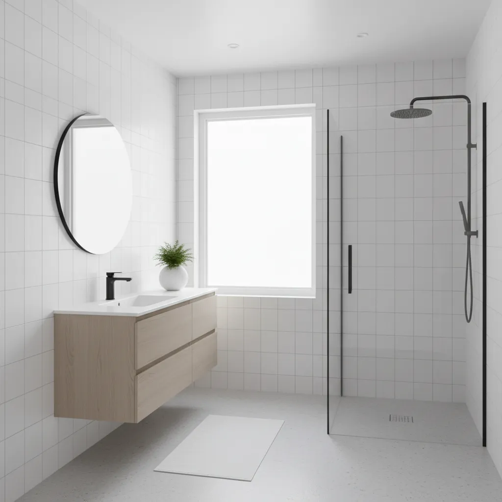 bright modern bathroom with white wall tiles and minimalist vanity