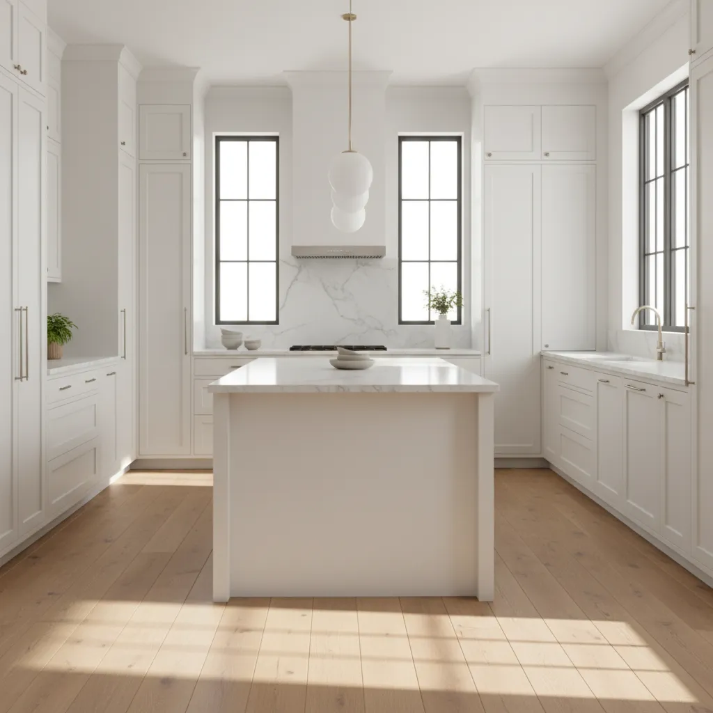 Bright white kitchen interior with natural oak flooring