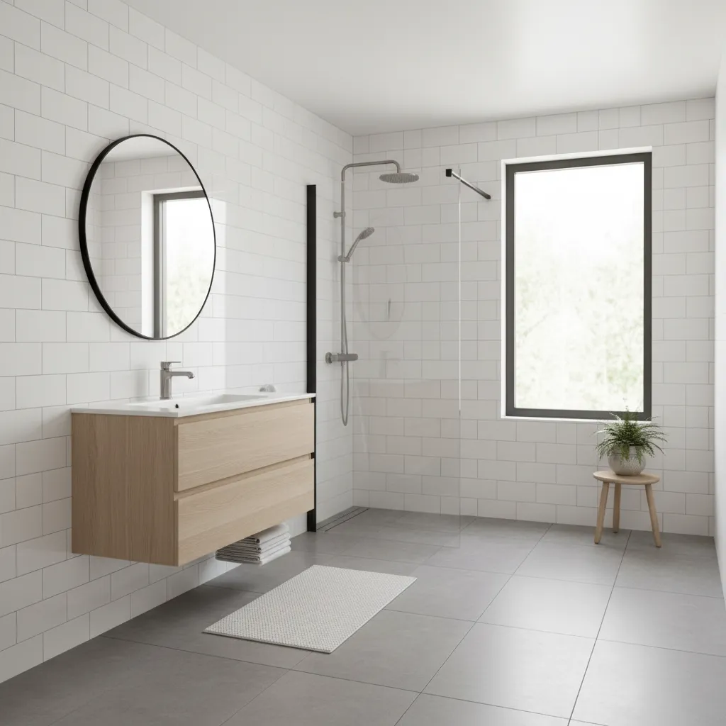 bright bathroom interior with white wall tiles and minimalist fixtures