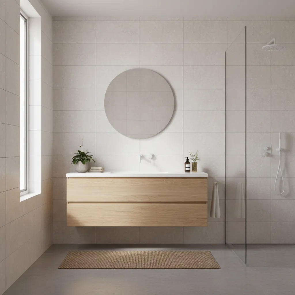 Bright modern bathroom with white tiles on walls and floor and natural light