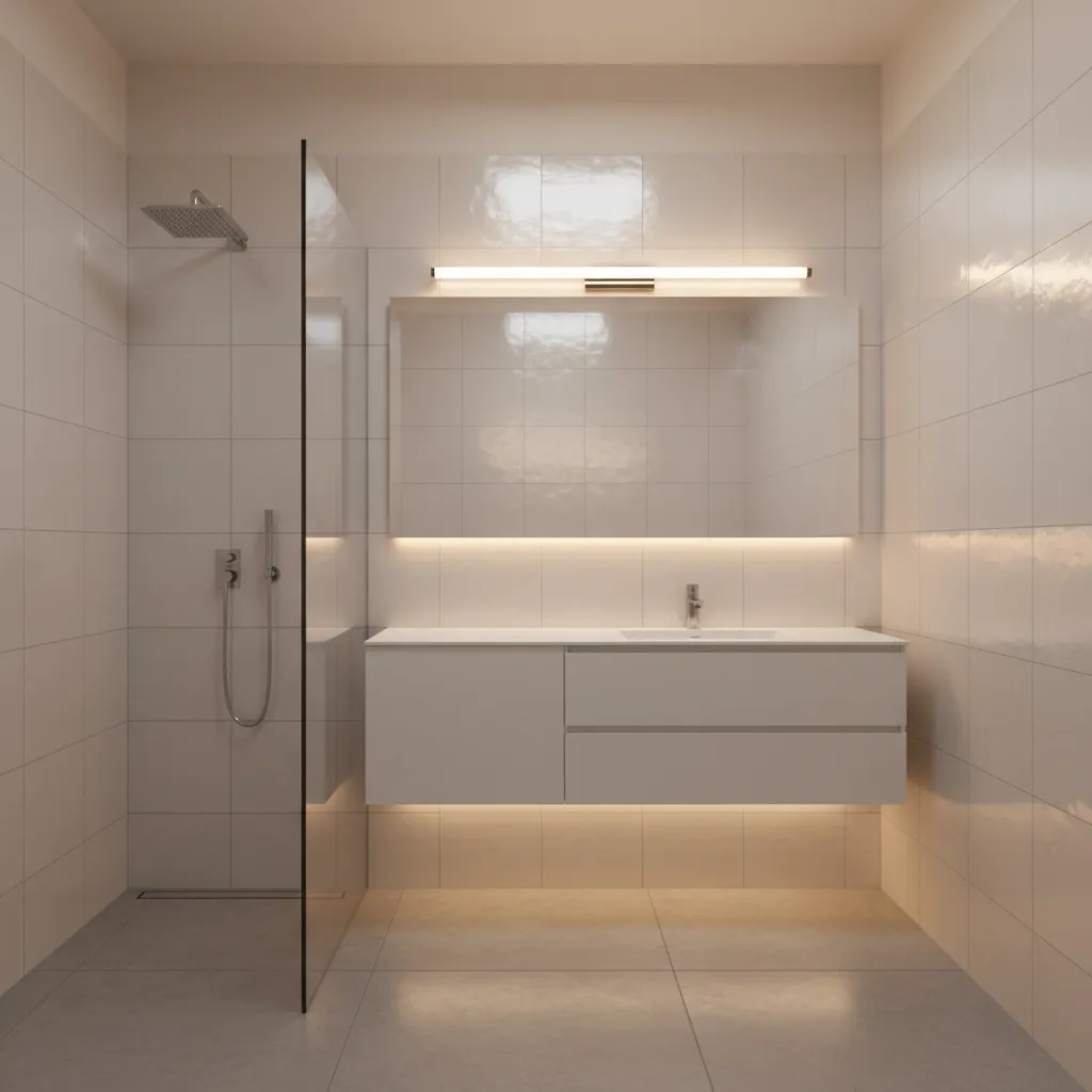 Bright small windowless bathroom with warm neutral paint and reflective lighting