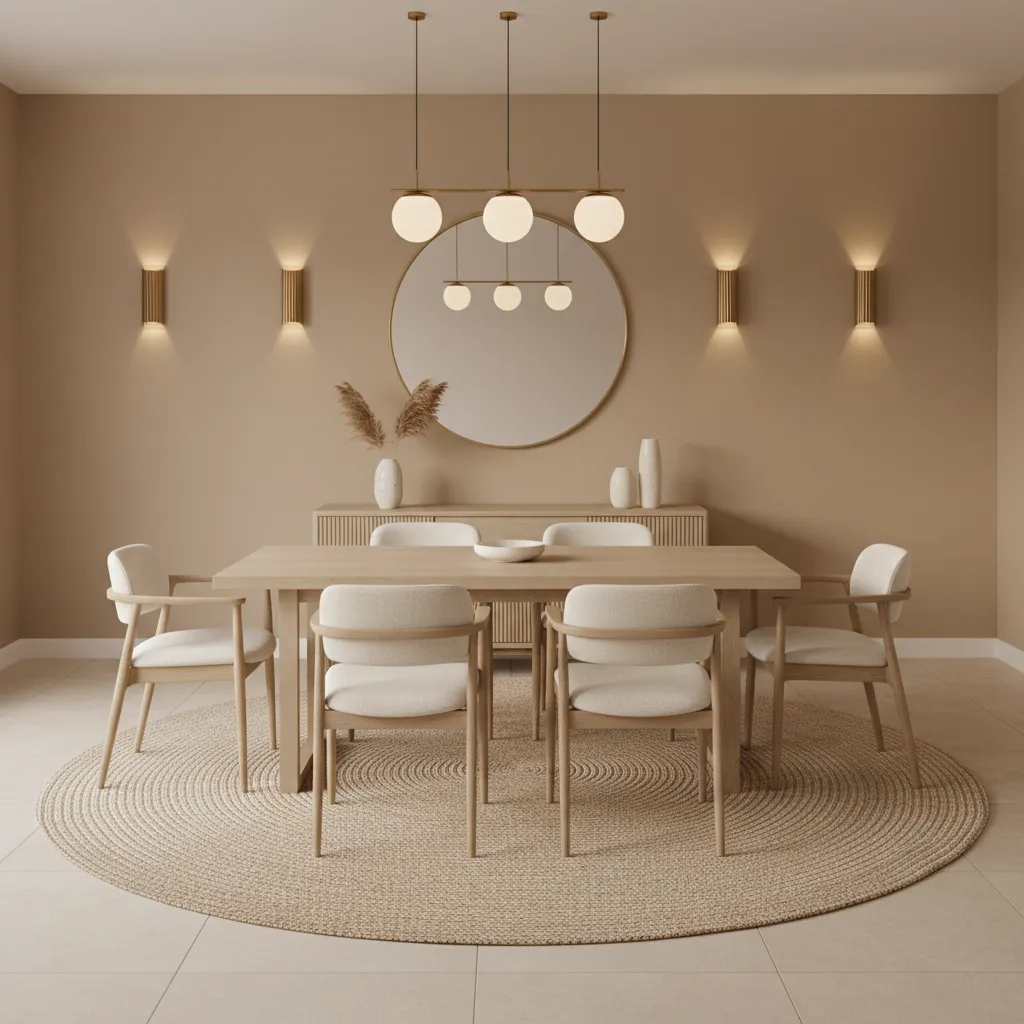 bright warm dining room without windows using mirrors lighting and neutral colors