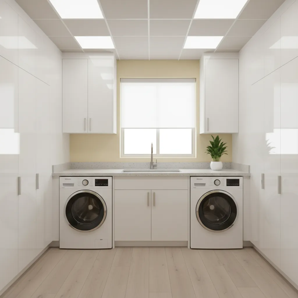 Well-lit yellow laundry room with balanced lighting and reflective surfaces