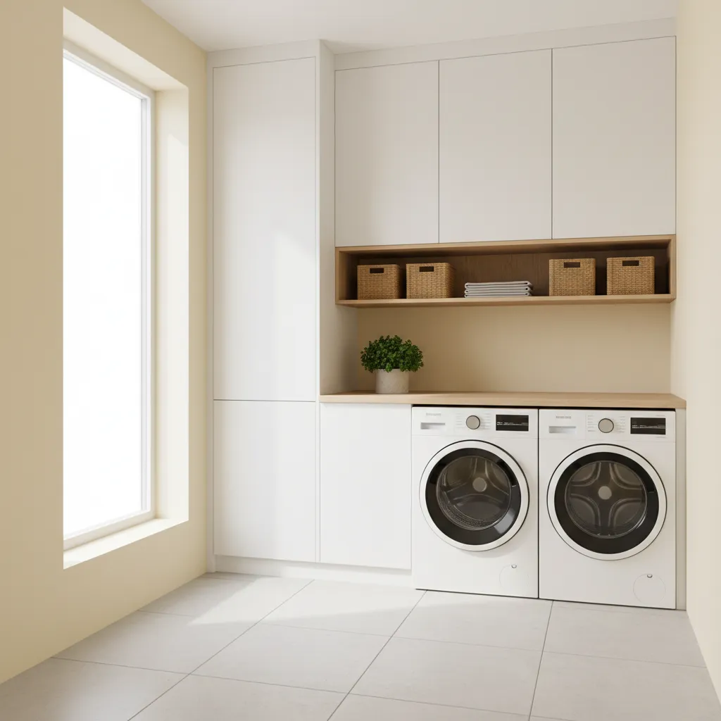 bright yellow laundry room interior with white appliances and organized shelves