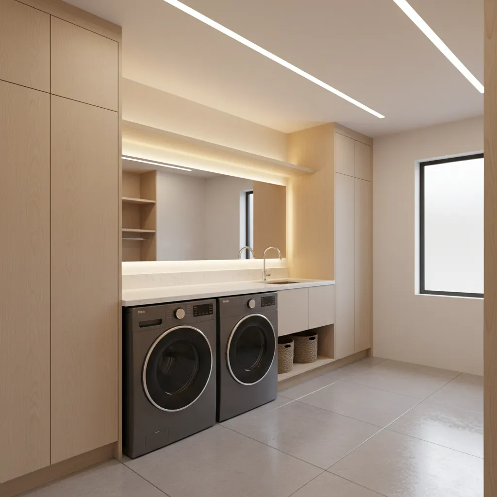 Laundry room after lighting upgrade showing brighter walls and workspace