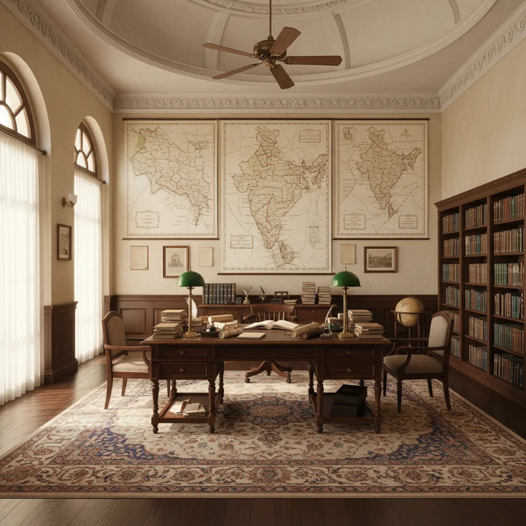 Colonial administrative office in British India with maps and policy documents