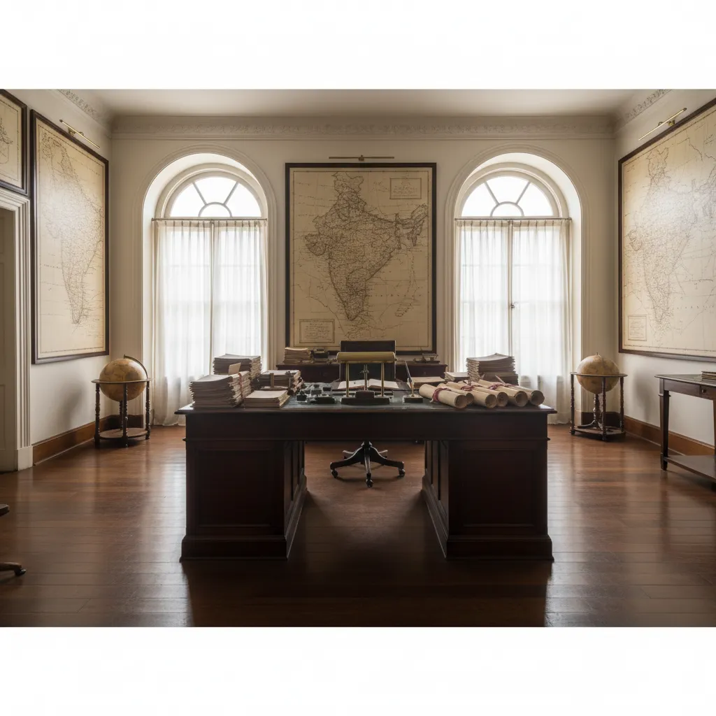 British colonial administrative office interior with maps and documents representing governance in India