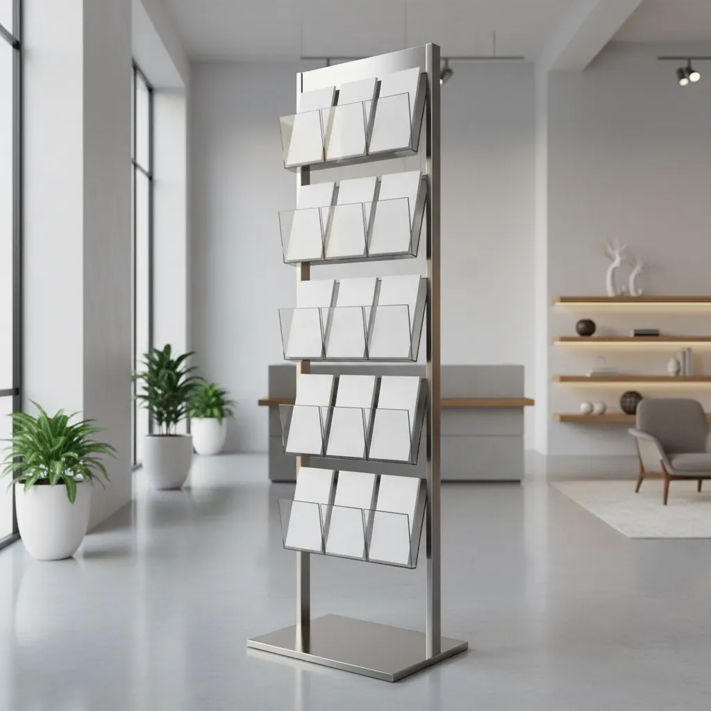 realistic 3D brochure stand model with acrylic holders and metal frame