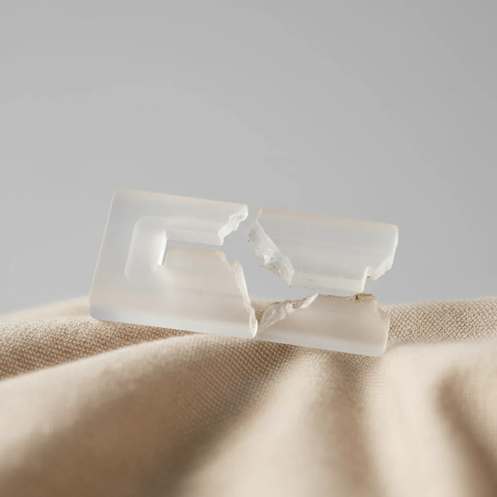 Close up of cracked plastic sheet lock clip used on bedding