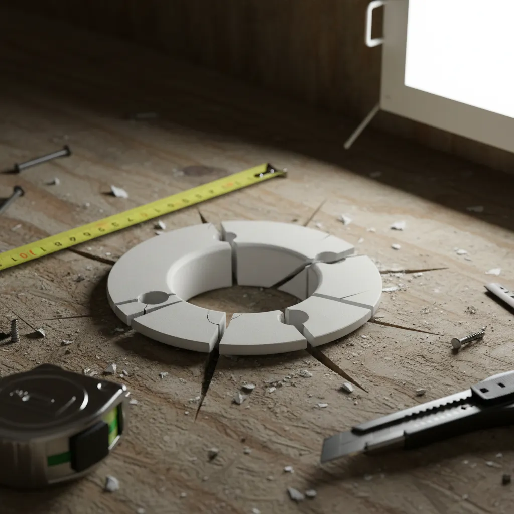 Cracked plastic toilet flange around bolt slot on bathroom subfloor