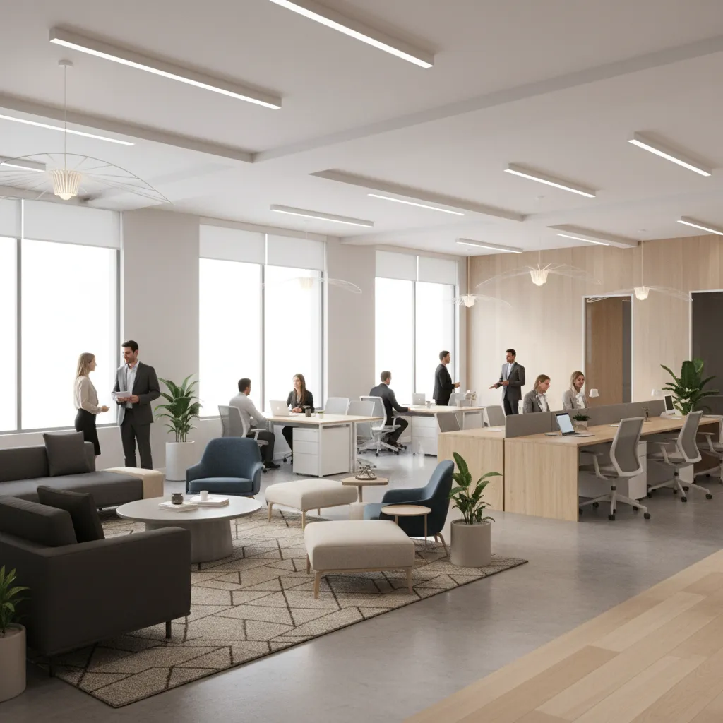 Real estate brokerage office with collaborative desks and lounge discussion area