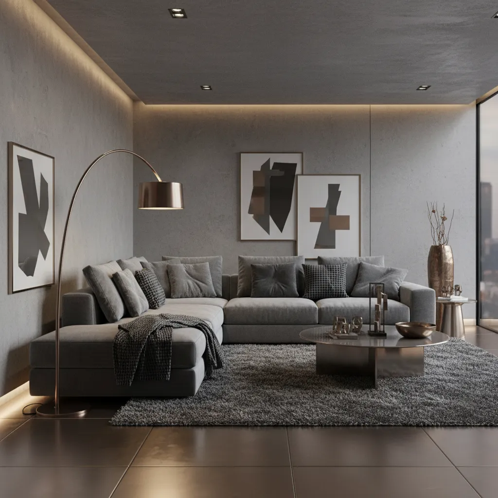 Bronze floor lamp and decor accents highlighting grey living room