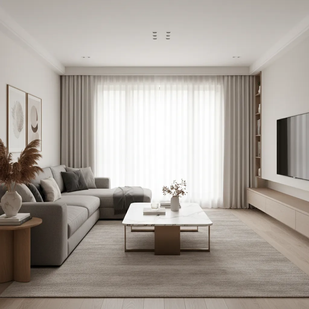 Marble coffee table with bronze frame in grey living room