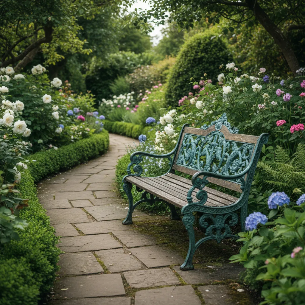 Decorative bronze garden bench placed along a landscaped garden path