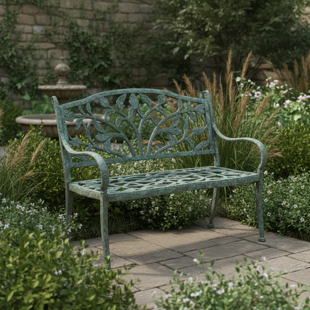 bronze garden bench showing natural patina outdoors