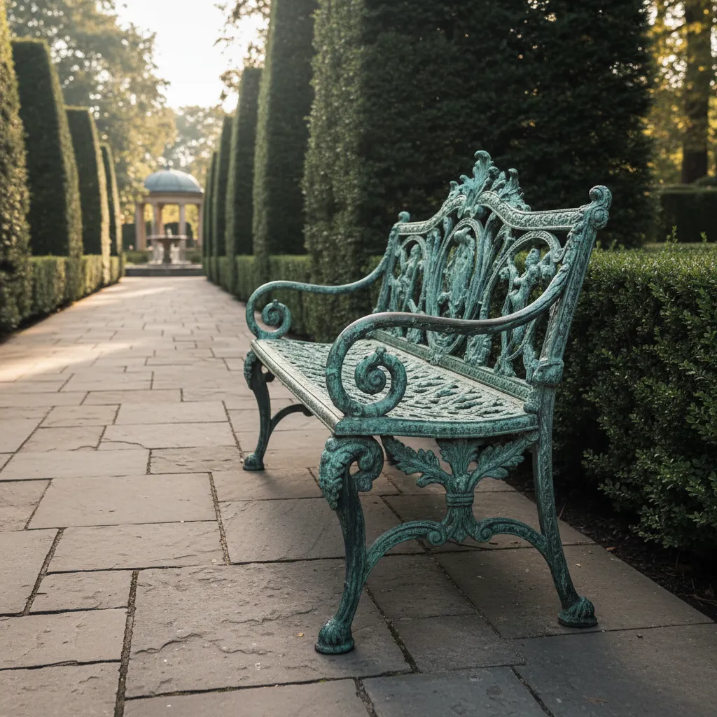 Decorative bronze garden bench with natural patina in landscaped garden