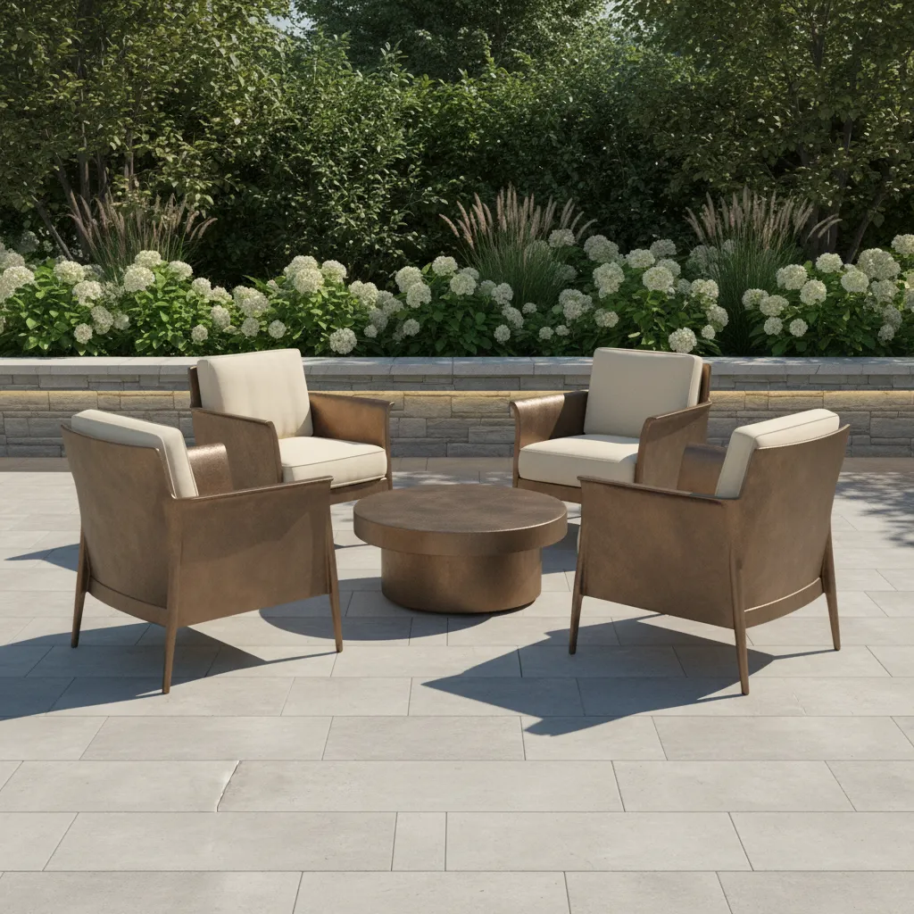 Well planned patio layout with bronze seating and table