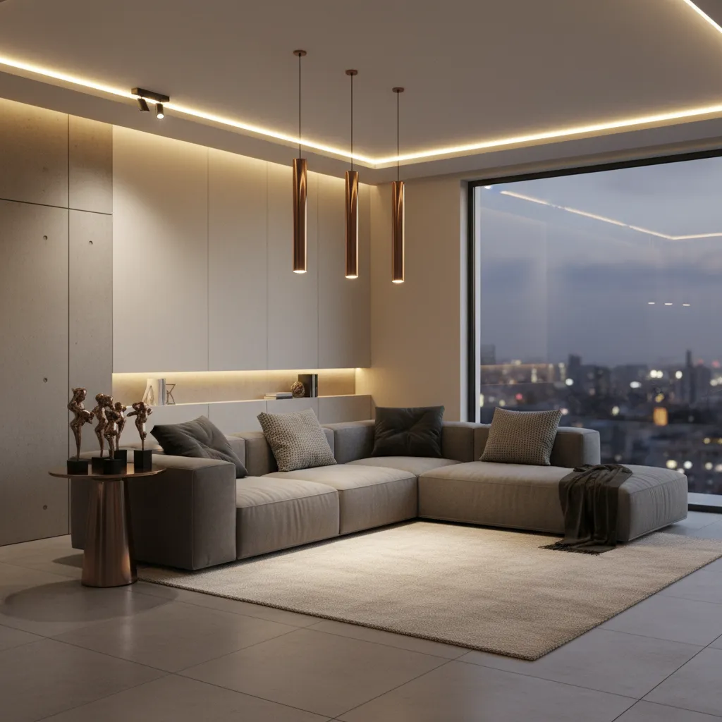 bronze pendant lighting reflecting warm directional light in living room