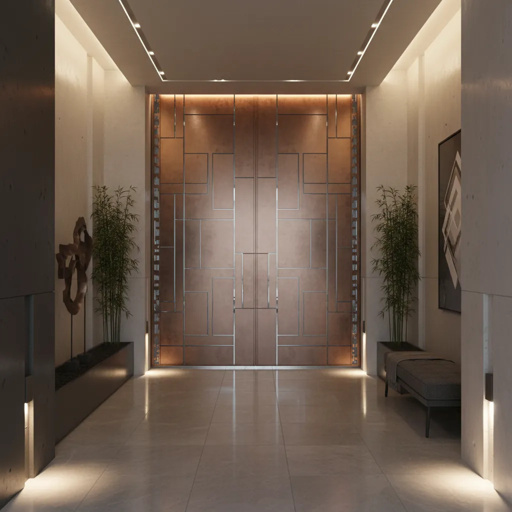 bronze metallic painted gate at a modern apartment entry