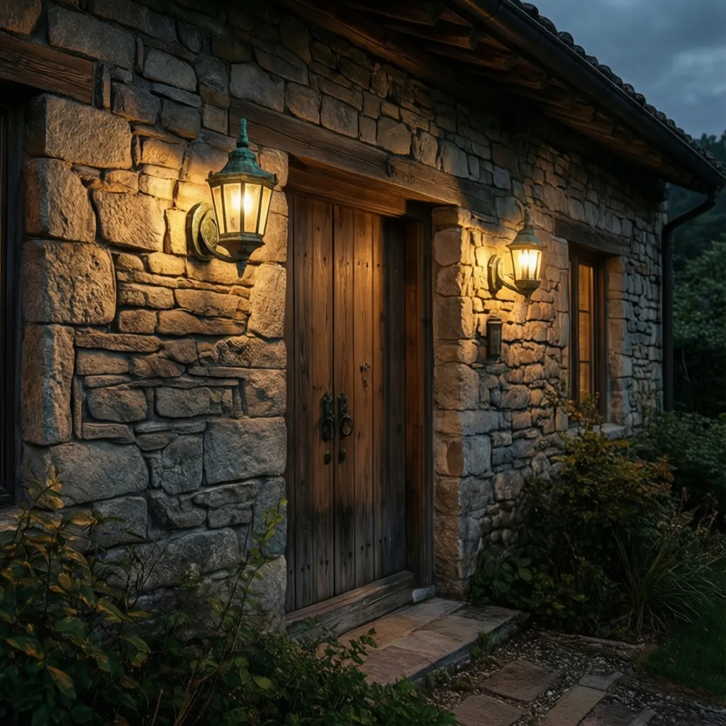 oil rubbed bronze outdoor lantern lights mounted on stone house exterior