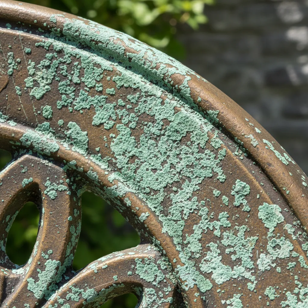 green oxidation on bronze garden furniture surface