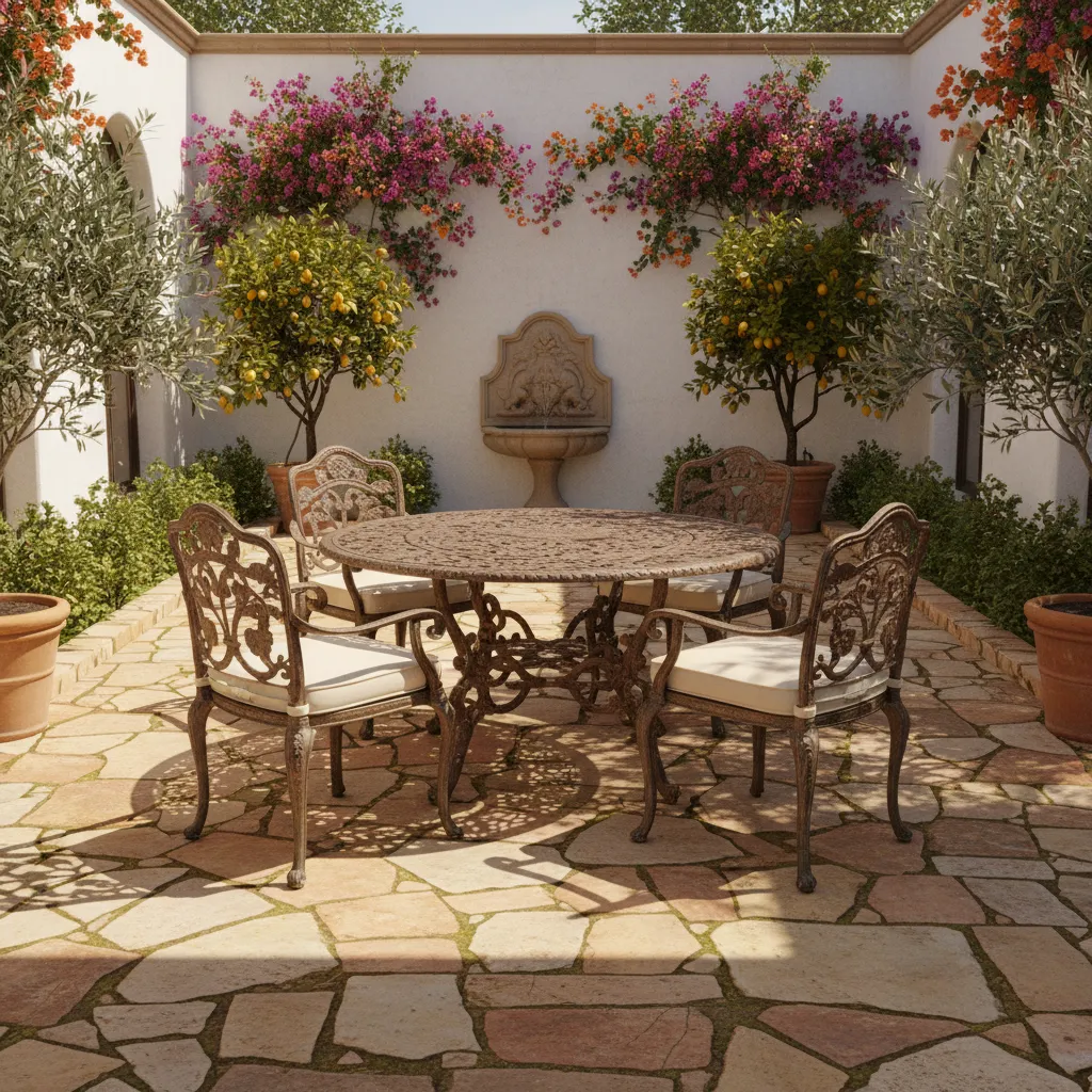 Bronze outdoor dining table and chairs arranged on patio layout