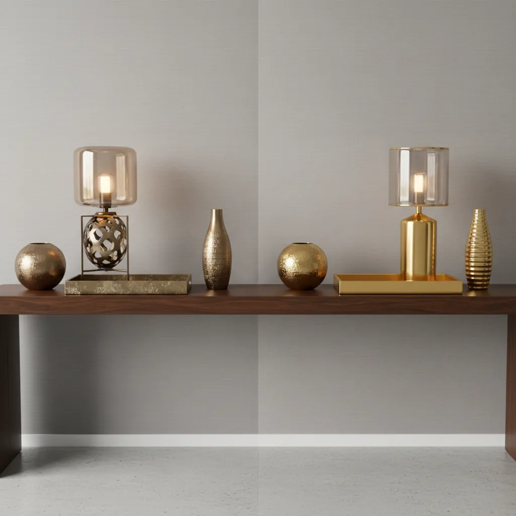 comparison of bronze and gold decor pieces on grey interior palette
