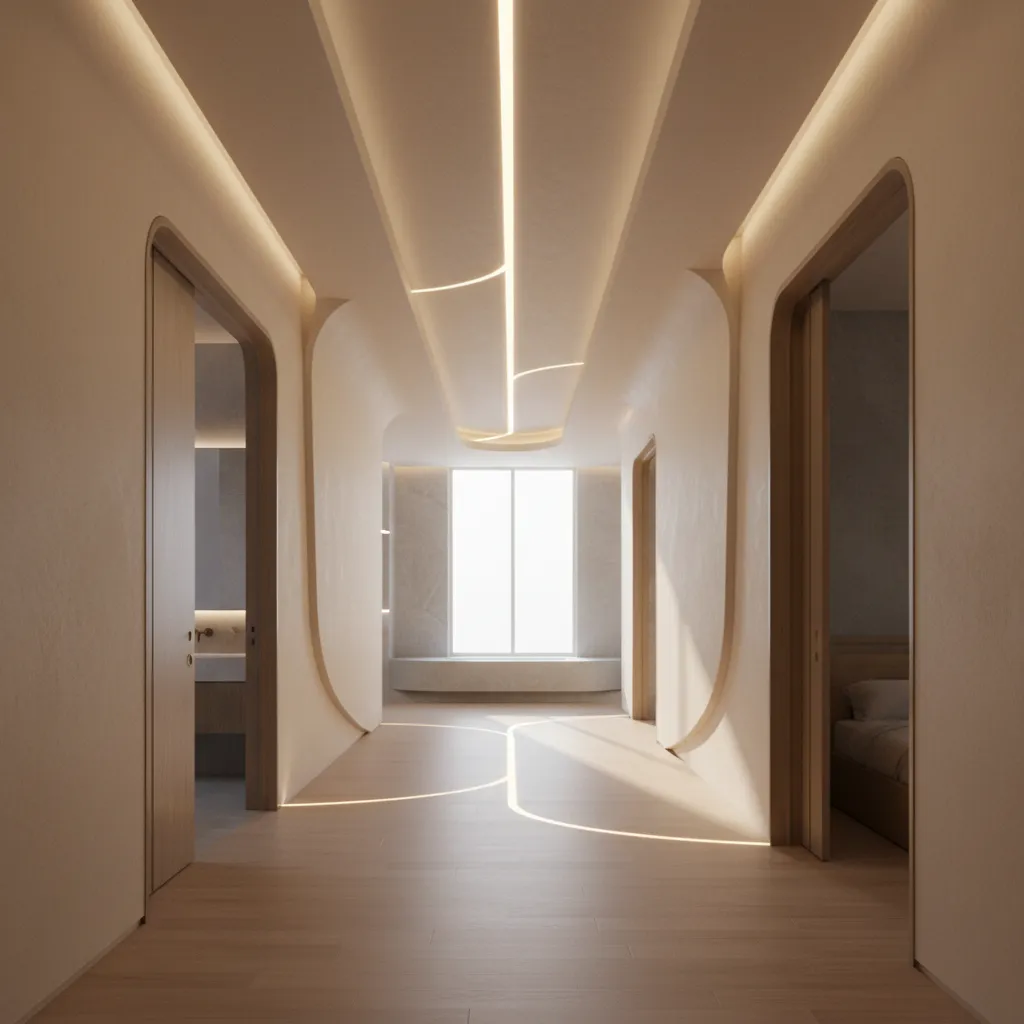 Modern hallway with warm wood flooring curved wall panels unique ceiling light and natural window light