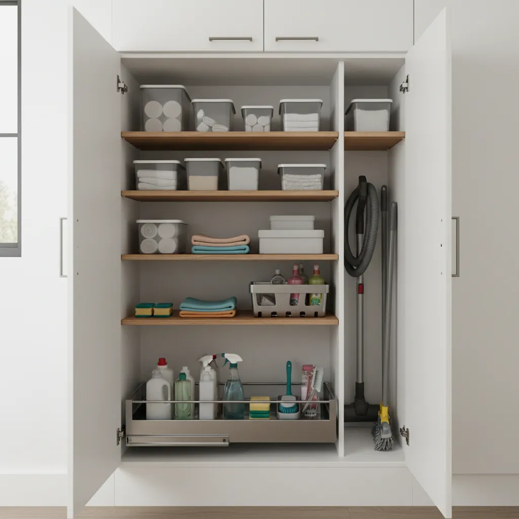 Adjustable shelves and pull out tray storing cleaning supplies in cabinet