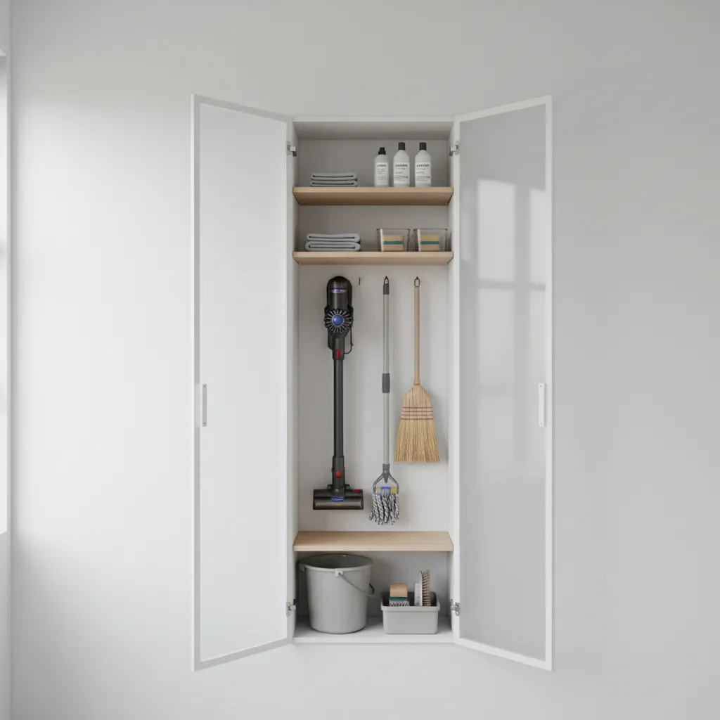 broom cabinet storing cordless vacuum mop and cleaning tools neatly