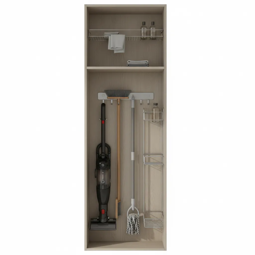 Tall narrow broom cabinet storing cleaning tools in a modern kitchen