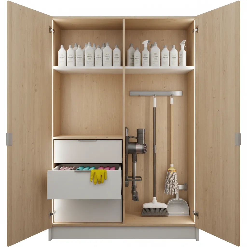 broom cabinet showing vertical zones for tools and chemical storage