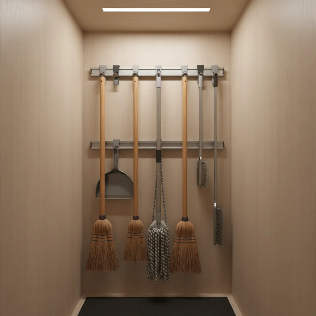 Wall mounted broom holder system inside cabinet holding mops and brooms