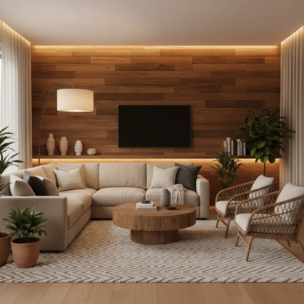 Sala de estar con pared acento marrón y sofá beige