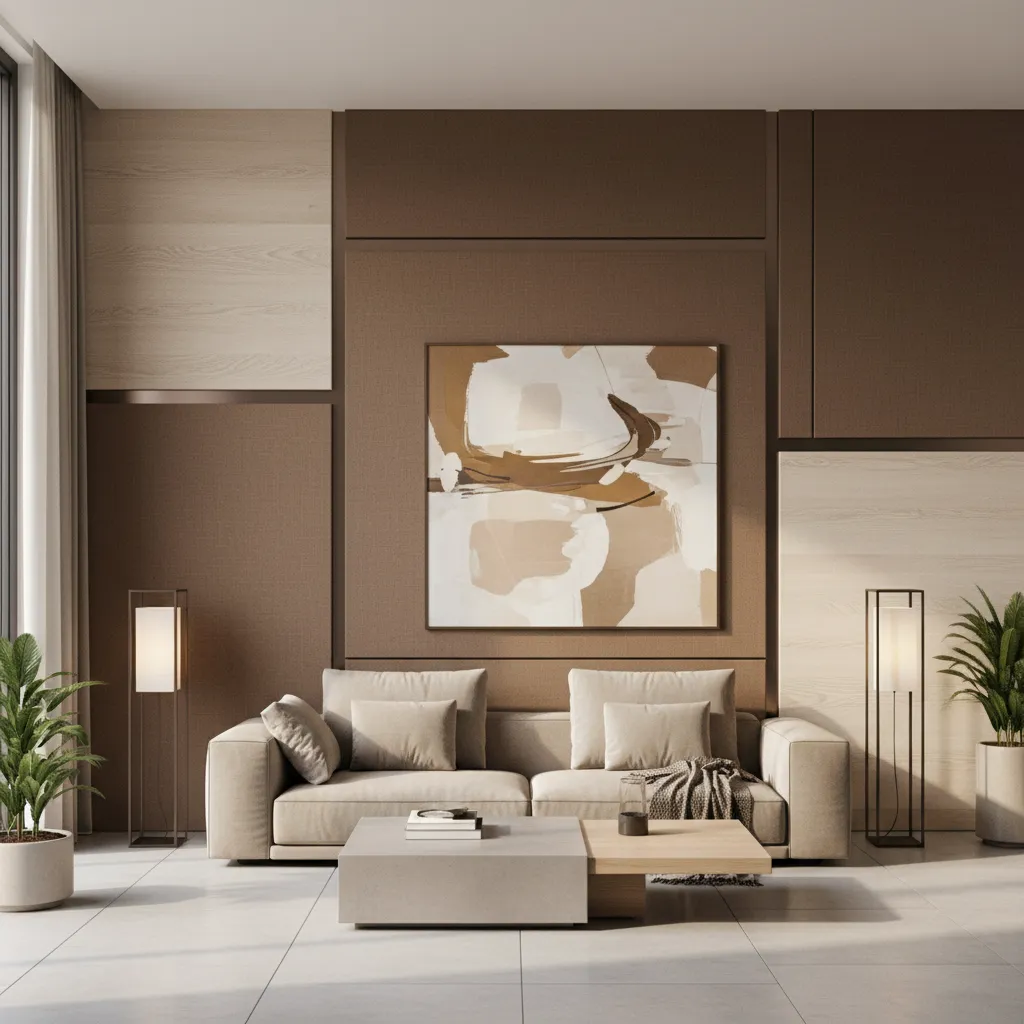 Diseño de pared combinando marrón y beige en interior moderno