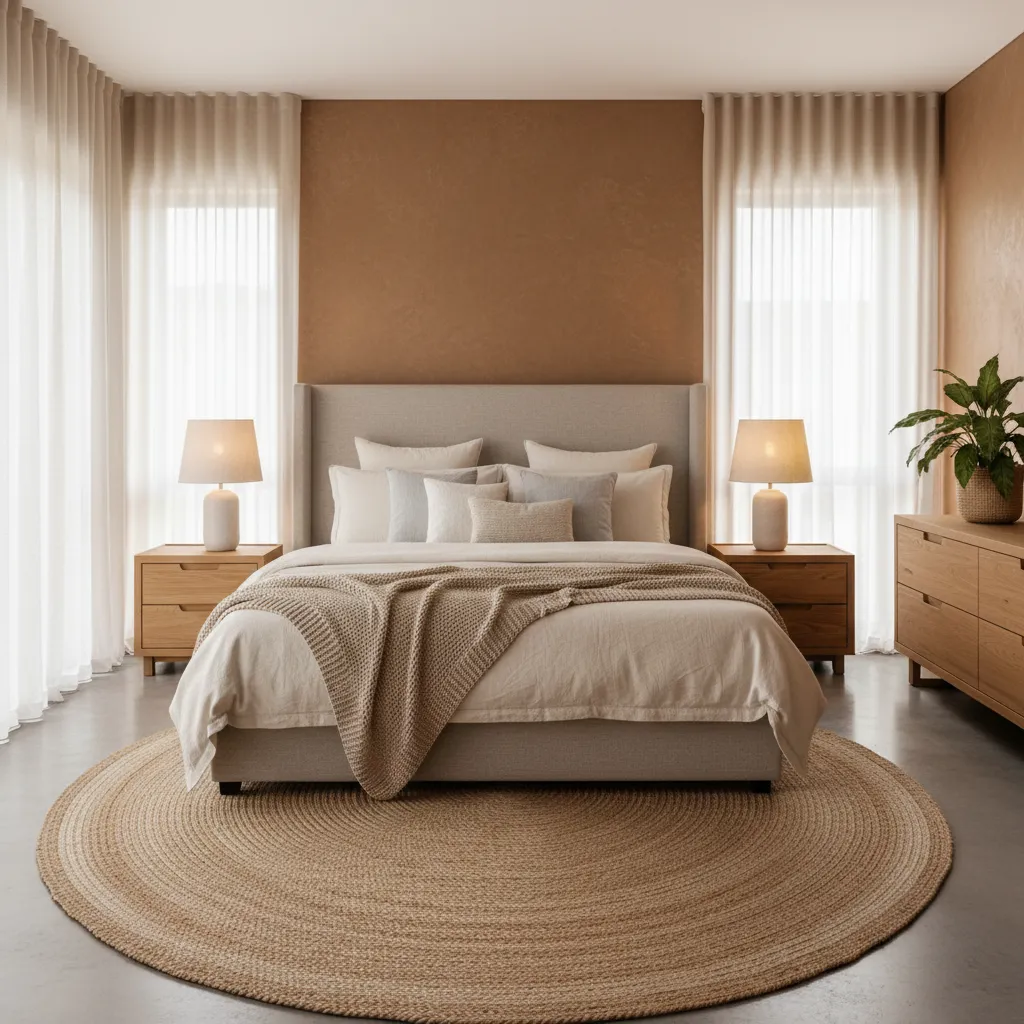 Dormitorio moderno con pared marrón cálido detrás de la cama