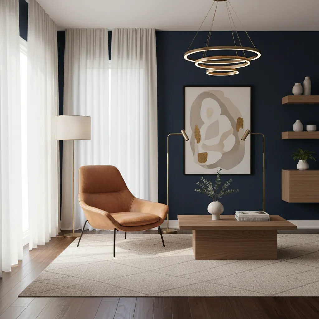 living room with camel chair navy wall and balanced contrast