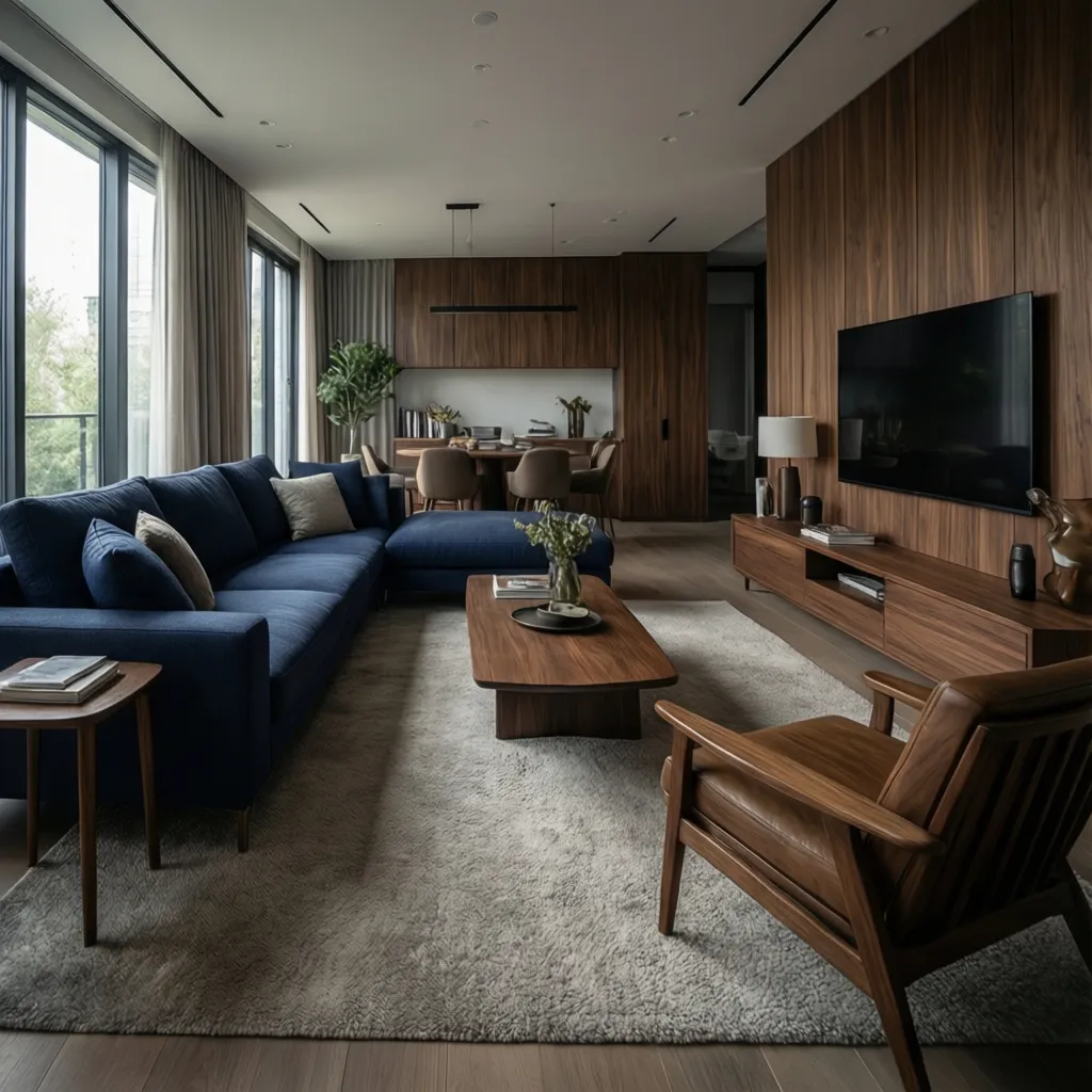 balanced brown and blue living room with wood furniture and navy sofa