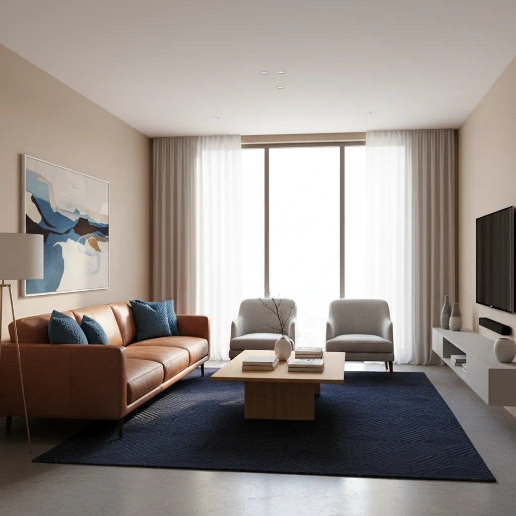 Living room showing balance between brown furniture and blue accents