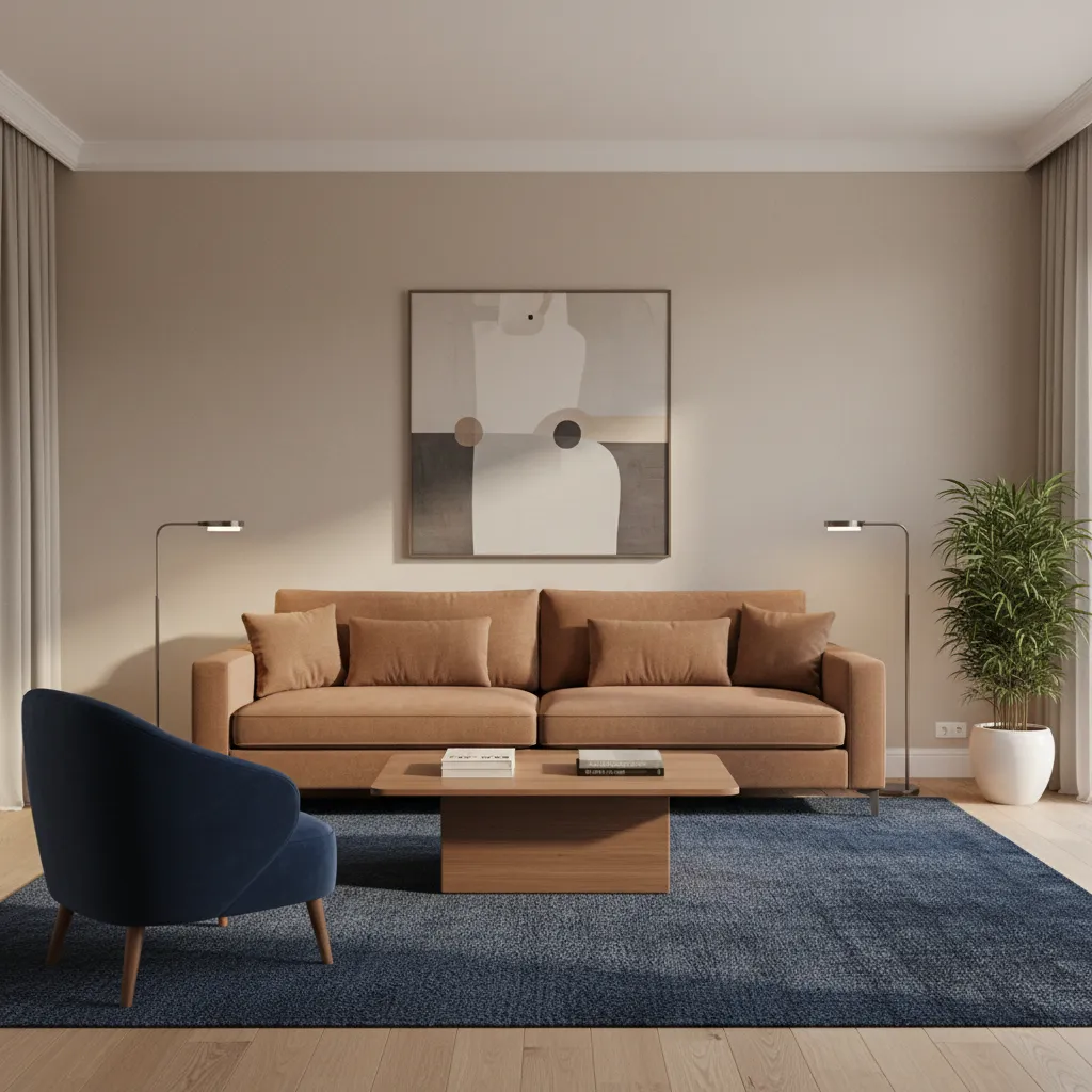 Living room layout showing brown sofa and blue accent chair balance