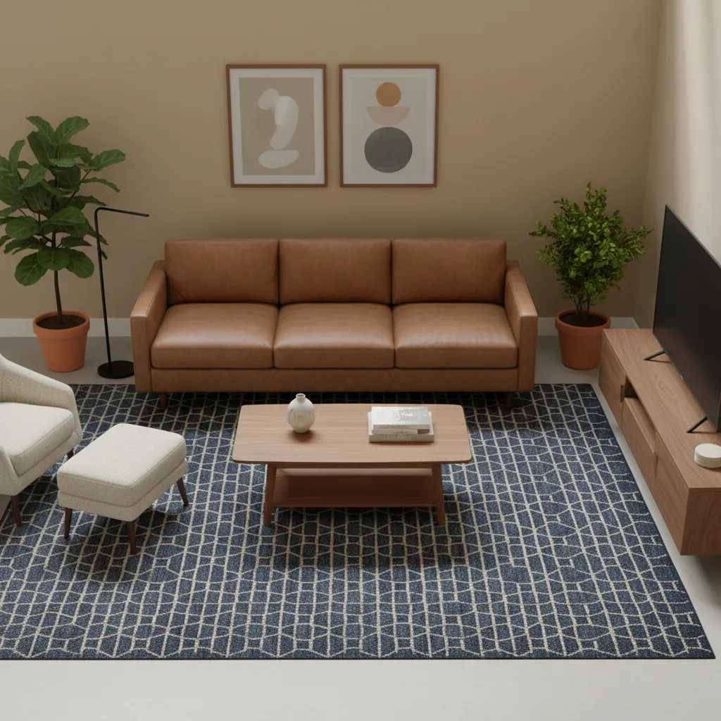 Blue rug under brown sofa demonstrating color distribution