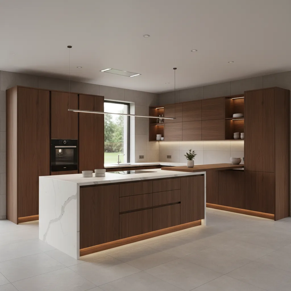 Photorealistic kitchen render showing brown cabinets with modern countertops