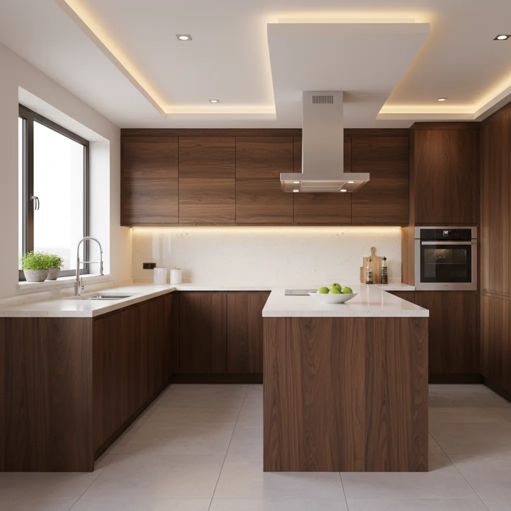 Optimizing Kitchen Lighting and Space with Brown Cabinets and Countertops