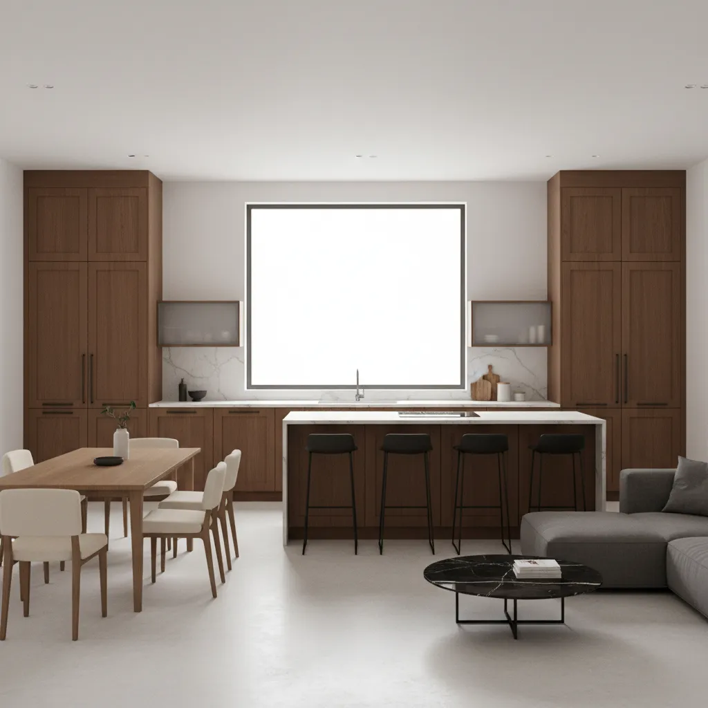 Open layout kitchen with brown cabinets and bright countertops creating spacious feel