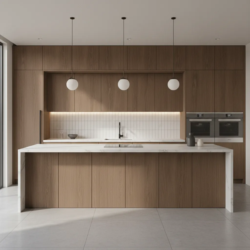 Kitchen with medium brown cabinets and light countertop showing strong visual contrast