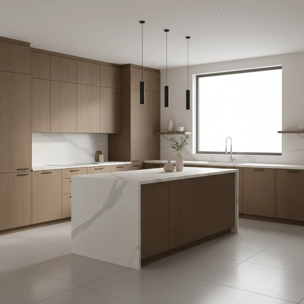 Kitchen with brown cabinets paired with bright white quartz countertops