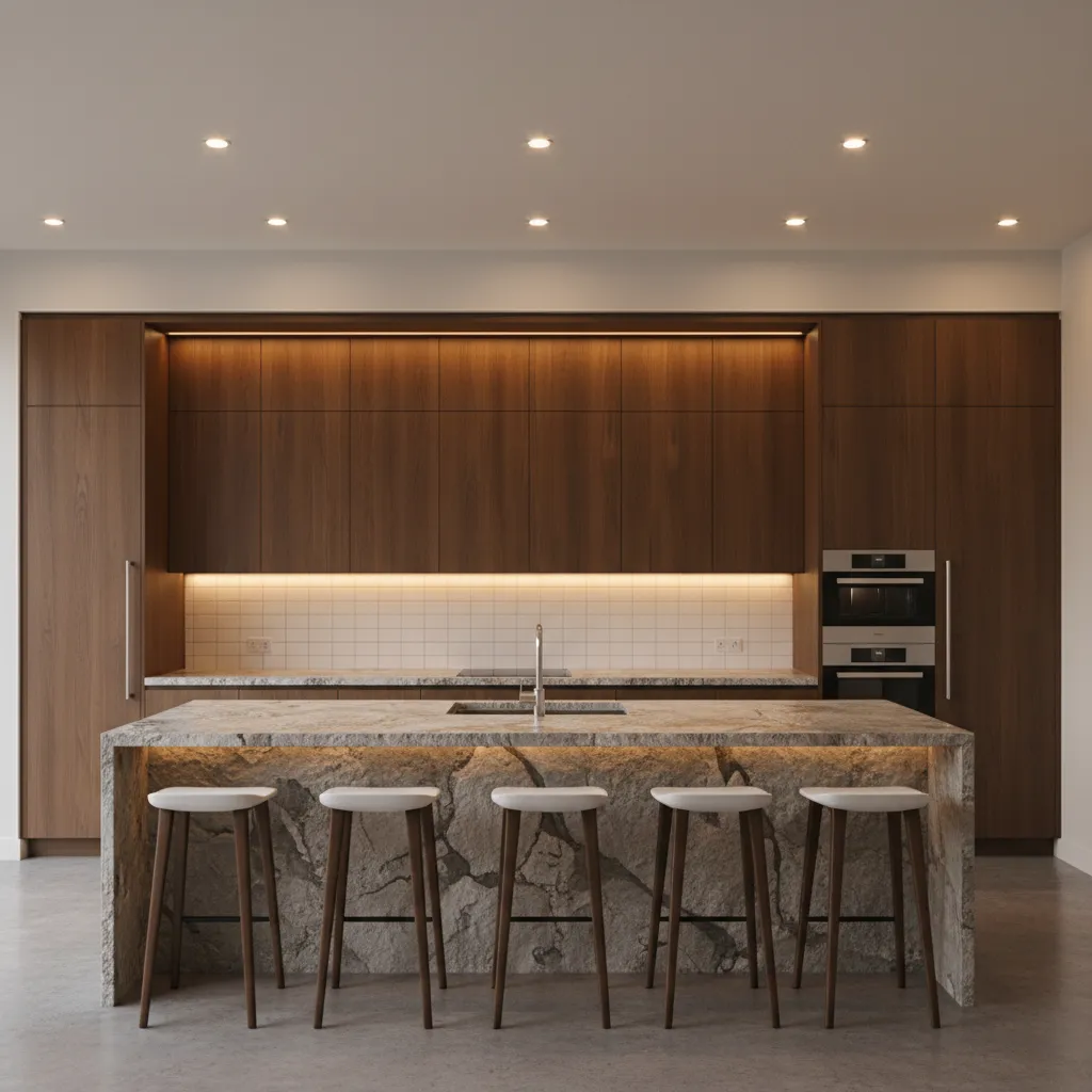Kitchen with brown cabinets showing effect of layered lighting on countertops