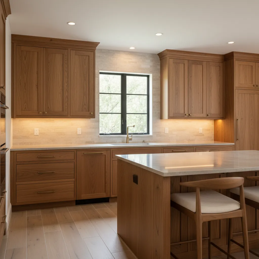 kitchen showing brown cabinets with warm undertones and neutral countertop