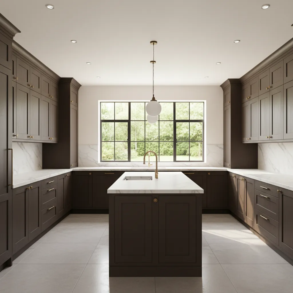 Kitchen with dark brown cabinets and warm white wall paint